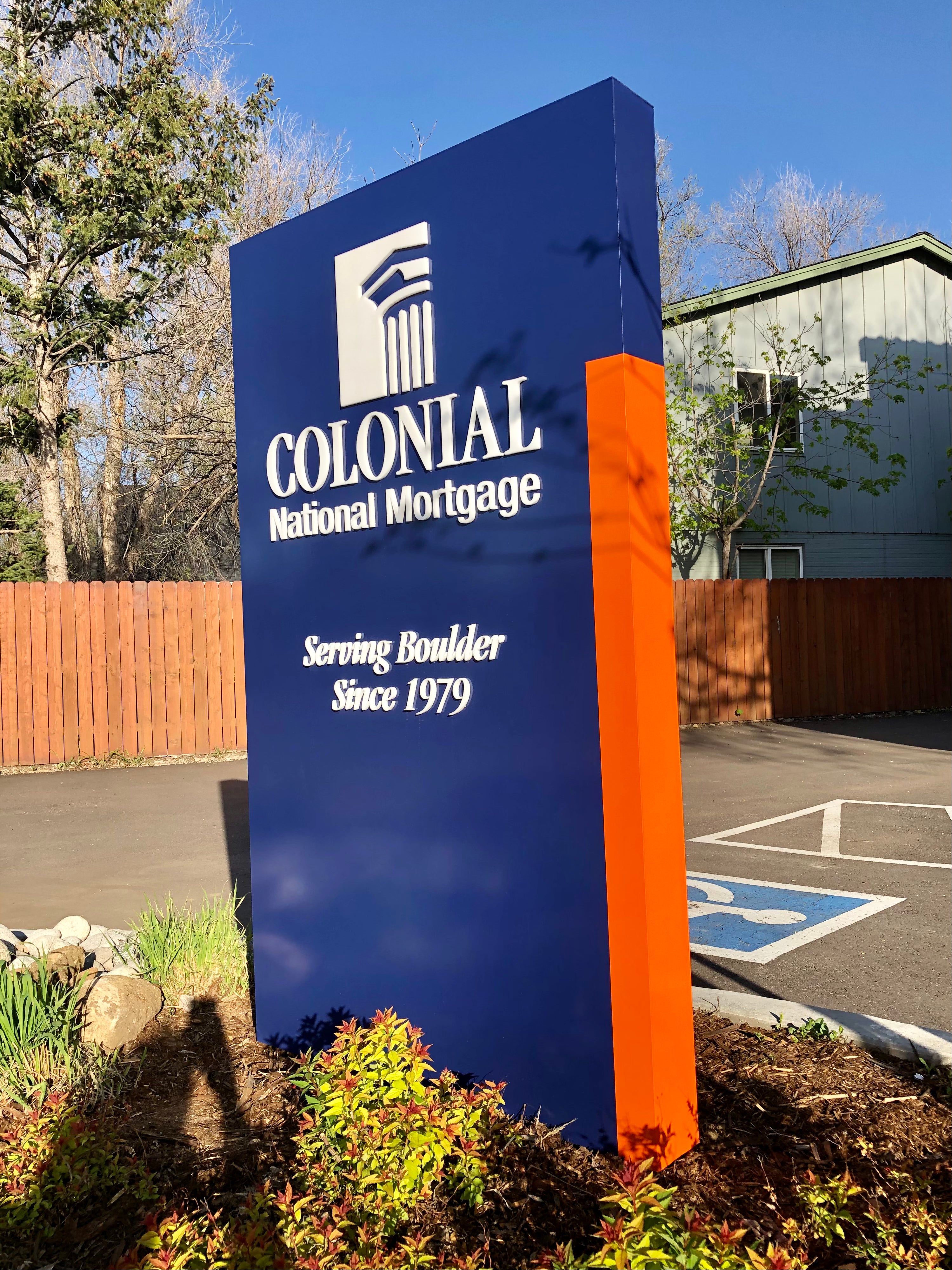 Custom made Monument sign for Colonial National Mortgage in Boulder, Colorado.