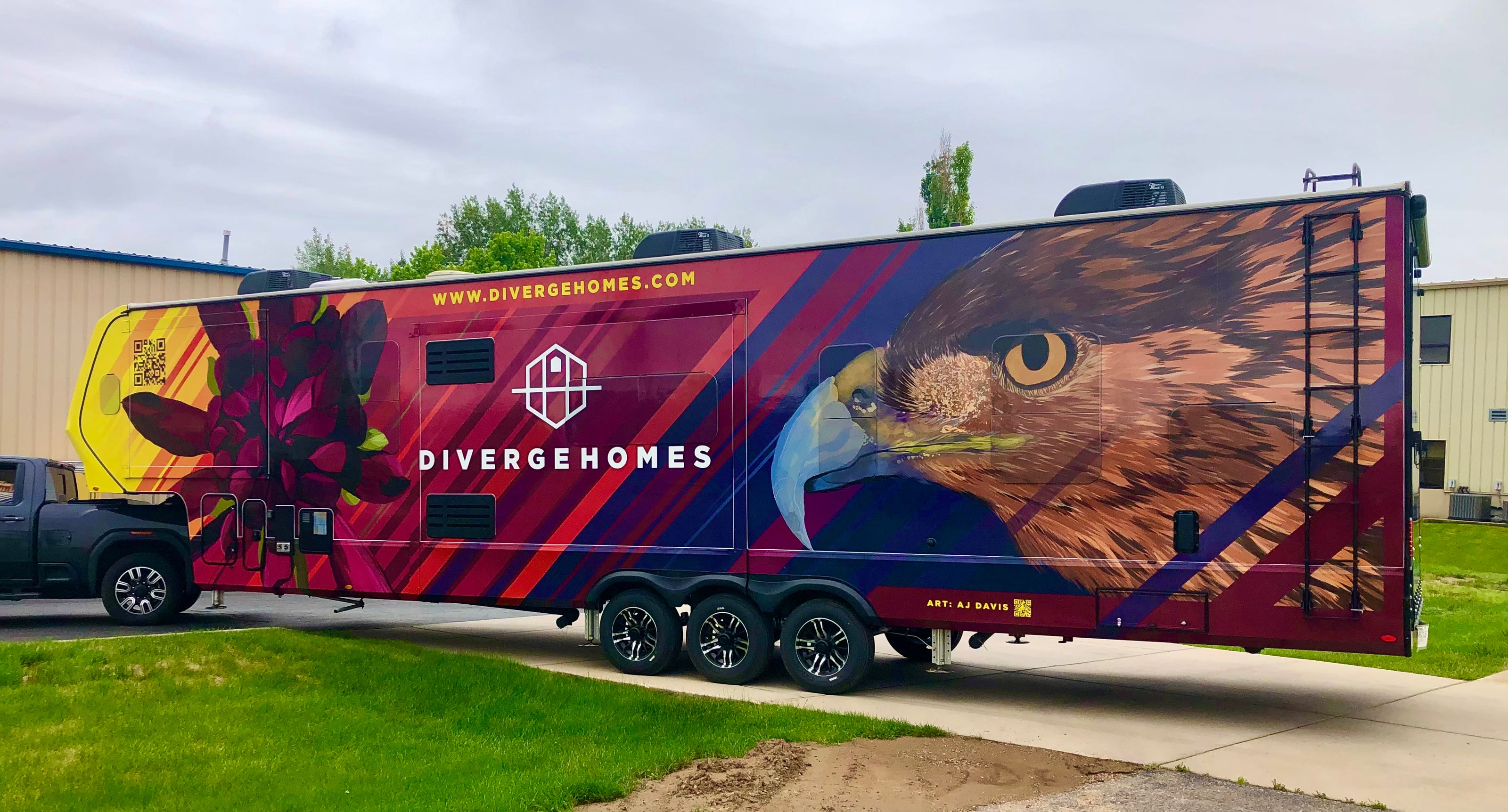 Trailer wrap for Diverge Homes in Golden, Colorado, featuring a sleek, modern design that enhances brand visibility on the go. The wrap showcases the company's logo and contact information, turning the trailer into a mobile billboard and an effective marketing tool.