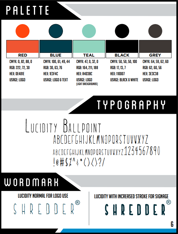 Page 6 of the Shredder brand guidelines document, featuring the colors, fonts, and wordmarks used for their logos and signs.