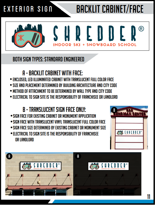 Page 11 of the Shredder brand guidelines document showcasing potential outdoor signs for their storefront. Giving examples of a directional sign and two outdoor signs.