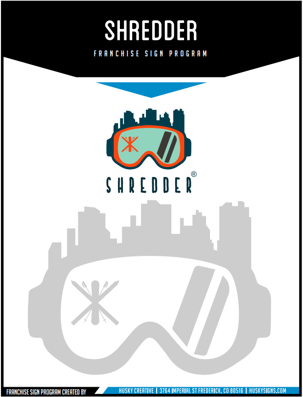 The cover page of the brand guidelines document for Shredder: Indoor Ski and Snowboard School in Lafayette, Colorado. Complete with fonts, sizes, logo variations, sign variations, and more.