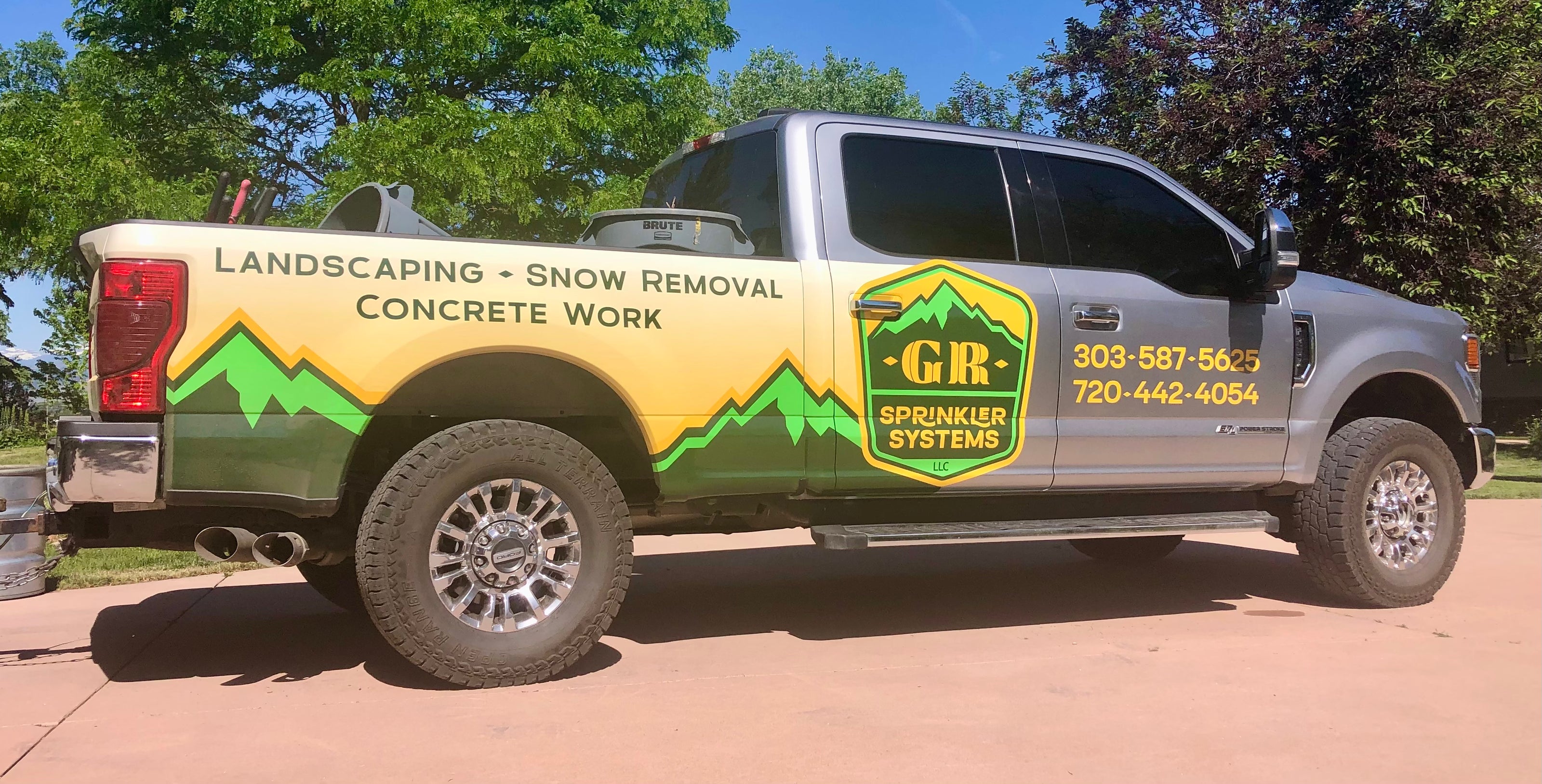 Partial vehicle truck wrap for GR Sprinkler Systems.