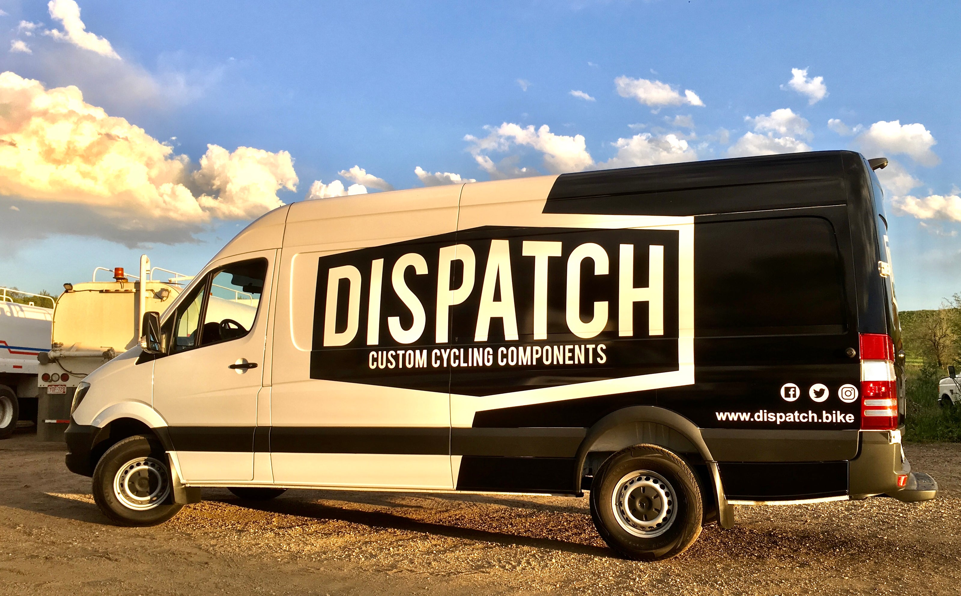 Picture of custom designed vehicle branding for Dispatch Custom Cycling Components in Longmont, Colorado.